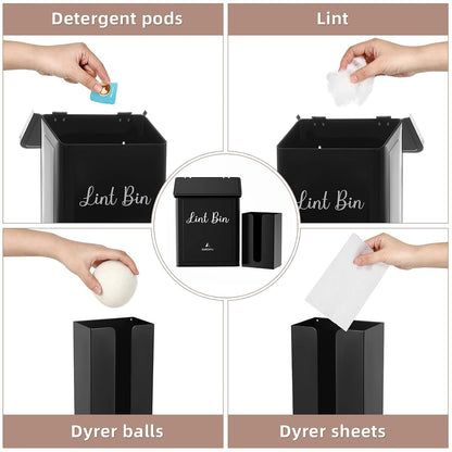 SUBEKYU Magnetic Lint Bin and Dryer Sheet Holder Set for Laundry Room,White | Wall Mounted Metal Lint Box Holder Trash Can,Lint Basket for Laundry Room Organization and Storage Decor