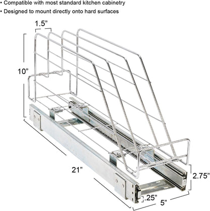 Household Essentials Glidez Multipurpose Chrome-Plated Steel Pull-Out/Slide-Out Storage Organizer for Cookware and Bakeware - 2-Tier Design - Fits Standard Size Cabinet or Shelf, Chrome
