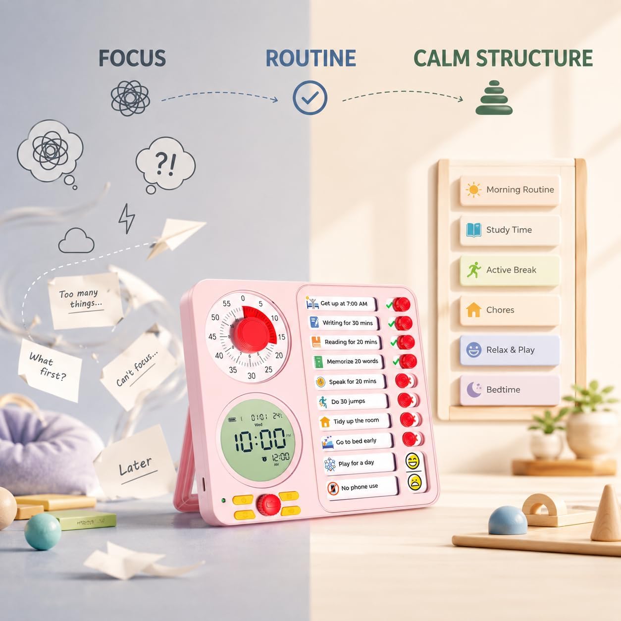 3-in-1 Visual Timer Task Timer with Chore Chart Board, ADHD Tool for Kids Adults Visual Schedule for Kids with Autism, Daily Checklist for Home, School, Classroom, Desk, Chore Chart