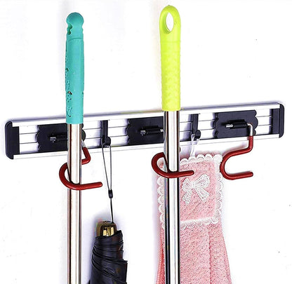 Wall Mounted Mop and Broom Holder Stainless Steel S Type Broom Rack Anti-Slip Mop Organizer (17 Inches,4 Positions 3 Hooks, Red black) (17inch)