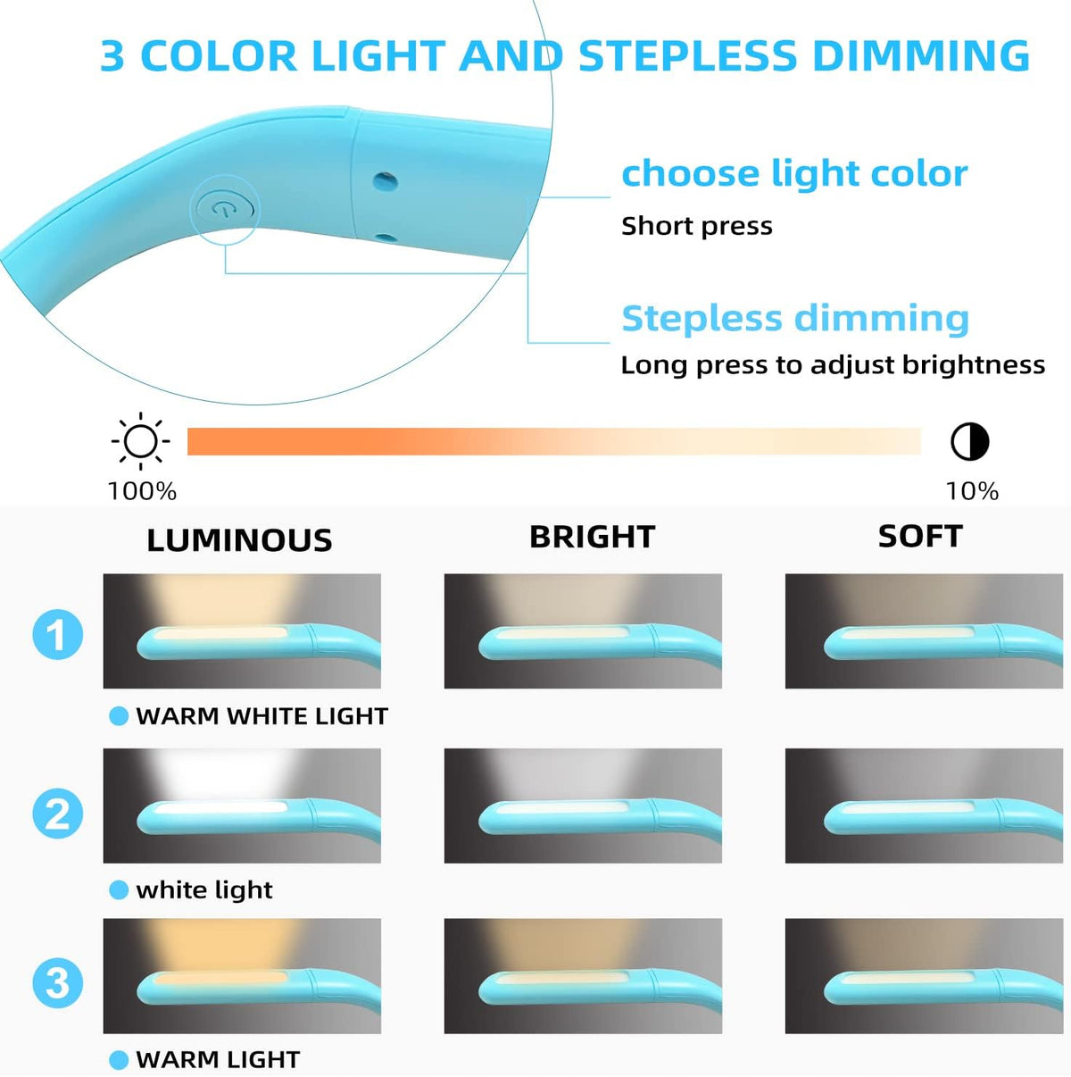 LED Neck Reading Light for Books: 3 Color Adjustable Bendable Arms Black