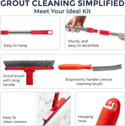 Foxtrot Living Grout Brush with Long Handle and Crevice Cleaning Brush Set | V-shaped, telescopic handle, crevice cleaning included, Grout cleaner for tile floors