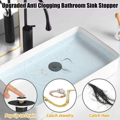 Anlige Bathroom Sink Drain Strainer, 3 in 1 Pop Up Bathroom Sink Stopper with Removable Brass Basket Hair Catcher, Universal Sink Plug for 1.06 to 1.6in Drain Hole, Chrome Silver