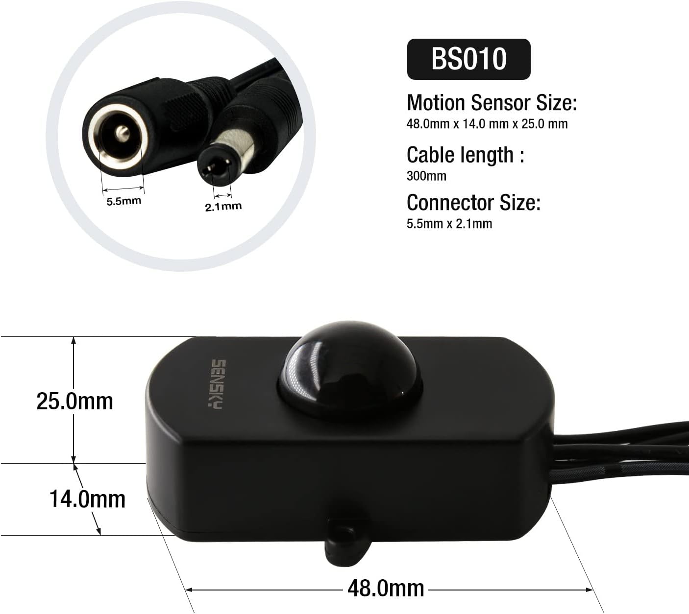 Sensky BS010W Motion Sensor Light Switch - DC 12V to 30V PIR Motion Sensor with Adjustable Delay Time and Detection Distance - for LED Strip Lighting Systems and Indoor Security Detectors