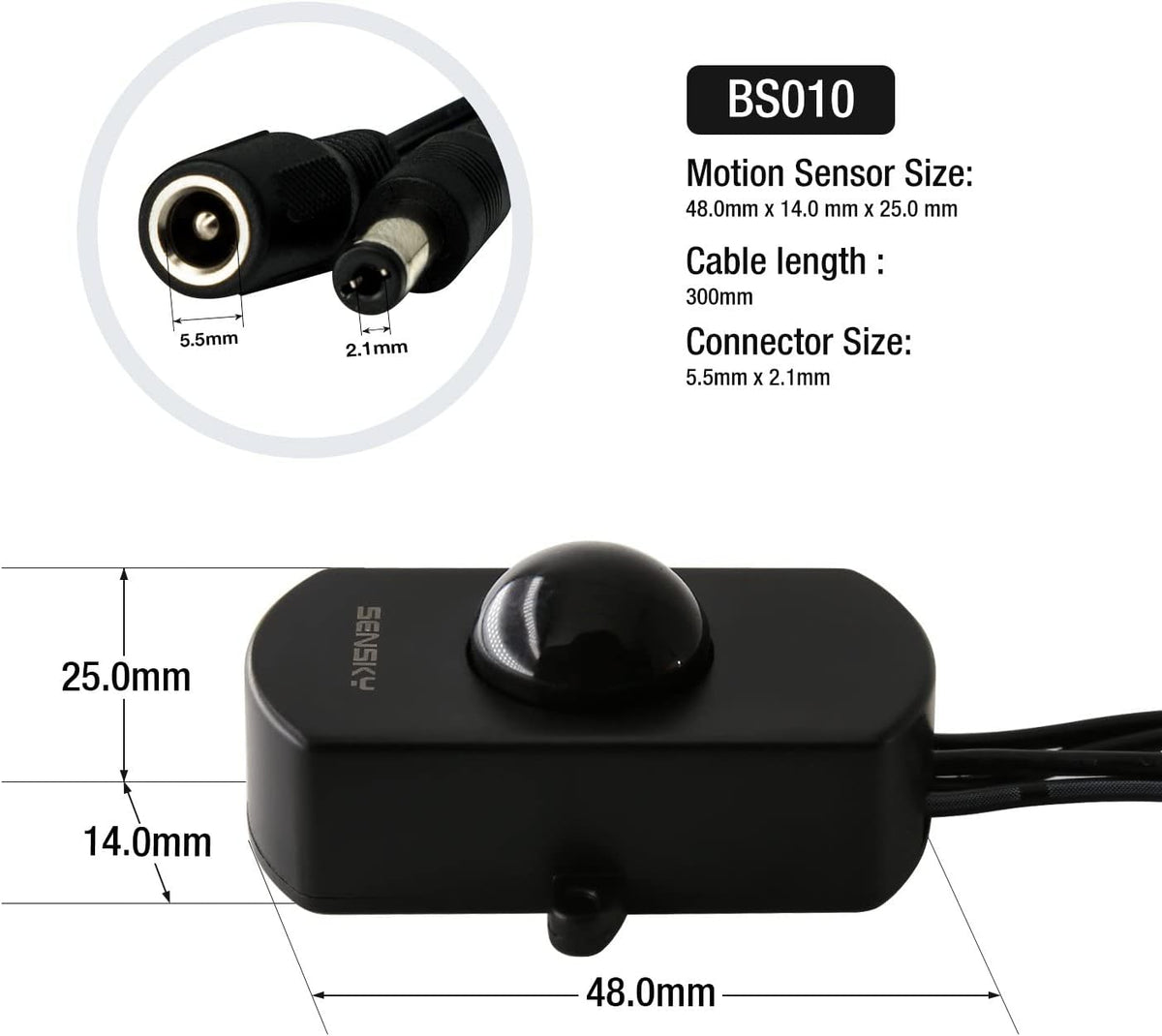 Sensky BS010W Motion Sensor Light Switch - DC 12V to 30V PIR Motion Sensor with Adjustable Delay Time and Detection Distance - for LED Strip Lighting Systems and Indoor Security Detectors