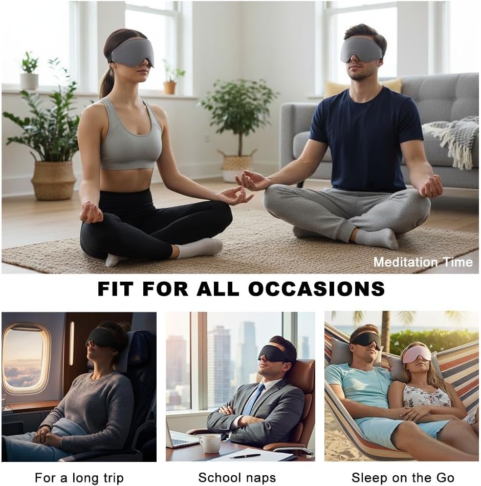 3D Sleep Mask for Side Sleepers, Blackout & Zero Pressure - Breathable Memory Foam, Adjustable Strap - for Travel, Yoga & Meditation Black