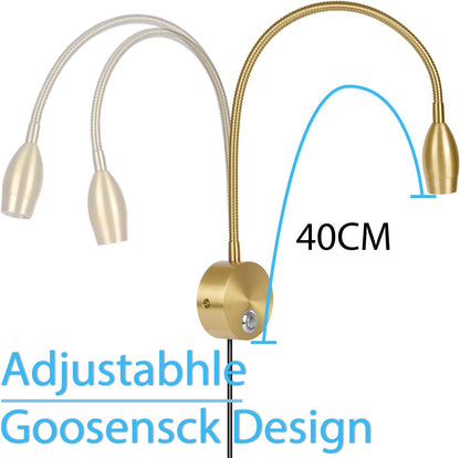 Adust Bedside Reading Light, Bedroom Reading Lamp, 3W LED Touch Dimmable Brightness Minimalist Wall Headboard Reading Lamp, Adjustable Colour Temperature, 3000k, 4000k, 6000k (Gold (2-Pack))
