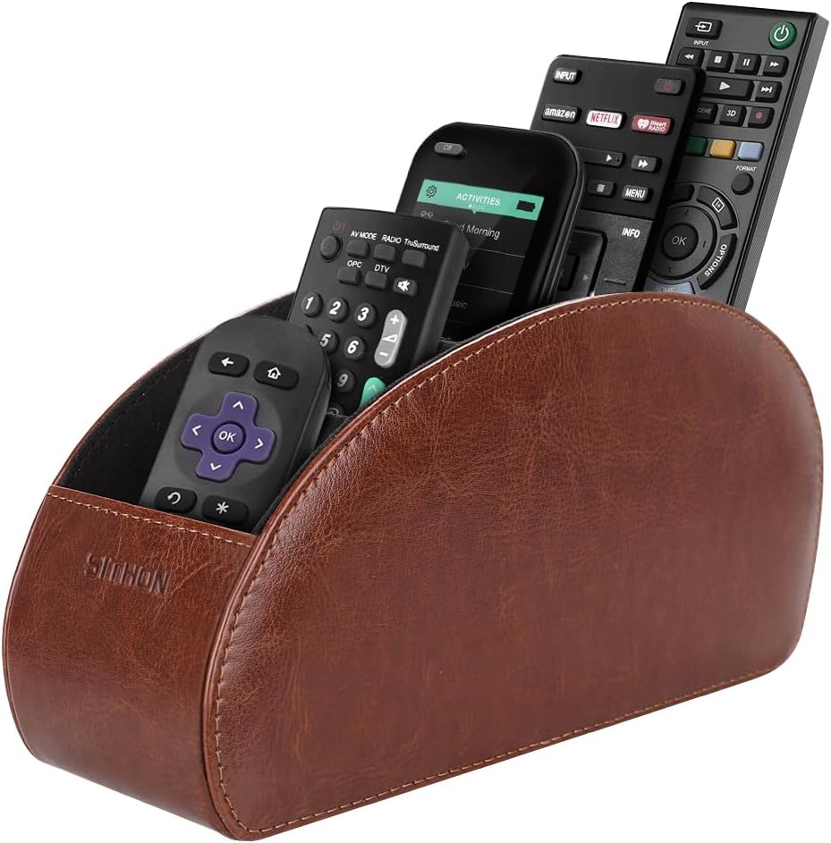 SITHON Remote Control Holder with 5 Compartments | PU Leather Remote Caddy Desktop Organizer Store TV, DVD, Blu-Ray, Media Player, Heater Controllers, Stripe Black