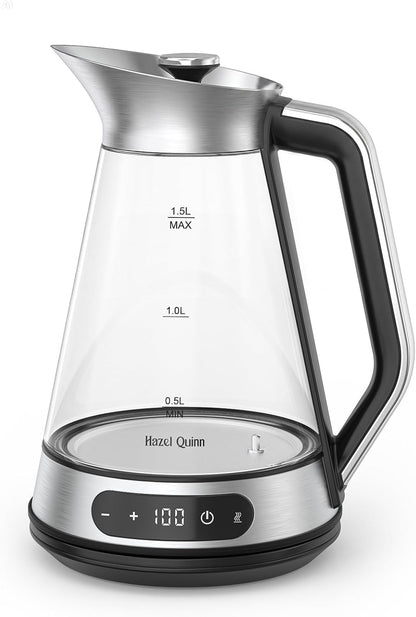 Hazel Quinn Glass & Stainless Steel Electric Kettle, 1.5 Liters Tea Kettle | Quiet Boil, ±1°C Temp Control, 24H Keep Warm, Anti-Residue Bottom, Auto Shut-Off, BPA-Free Hot Water Kettle, 1000W Fast Boil