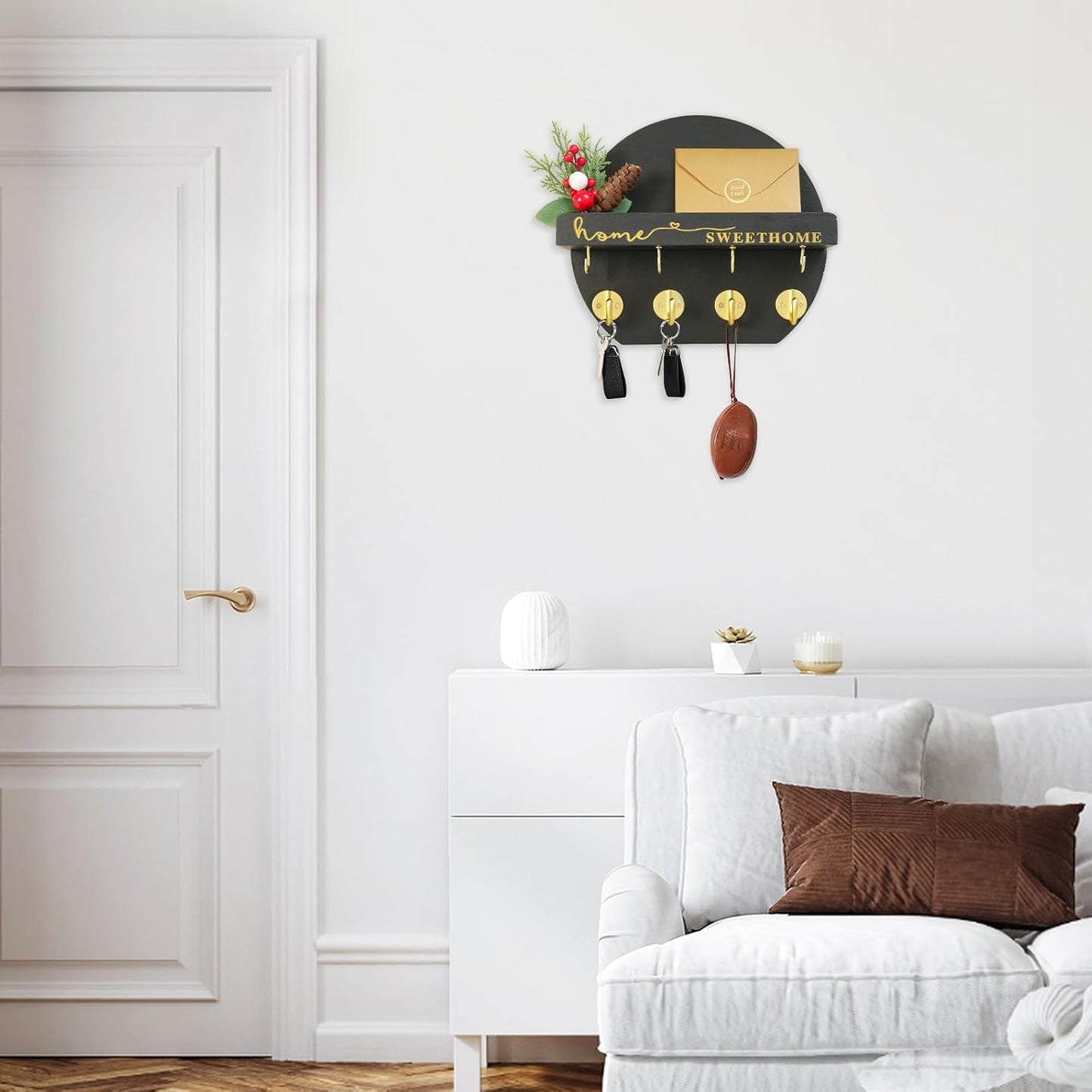 Key Holder for Wall, Key and Mail Holder Organizer - Key Holder Wall Mount with Bouquet Shelf and Key Hooks, Round Wooden Rustic Key Rack for Entryway and Home Decor (Black)