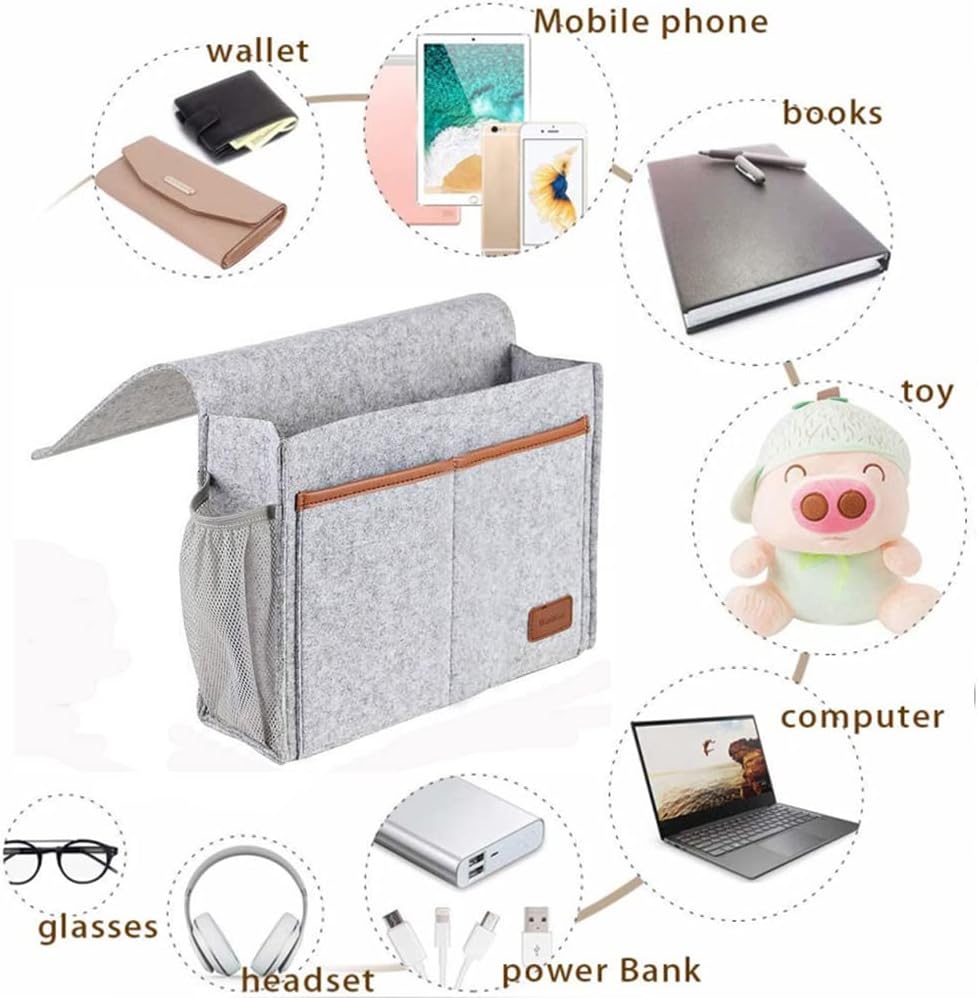 Bedside Caddy, Felt Bedside Storage Organizer, Hanging Storage Bag, Chair Organizer Caddy, Remote, Magazine, Drink Bottle Holder for Hospital, Dorm Bed, Baby Stuff, Office (Light Grey Small)