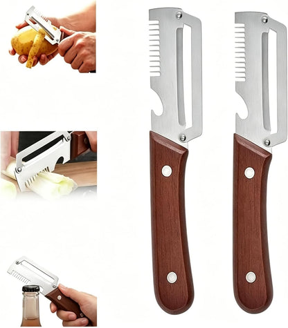 2026 Upgraded Multi-Functional Vegetable Peeler, Premium Peeler with Wooden Handle & Bottle Opener, Non-slip Kitchen Gadget for Potato, 2 Pack
