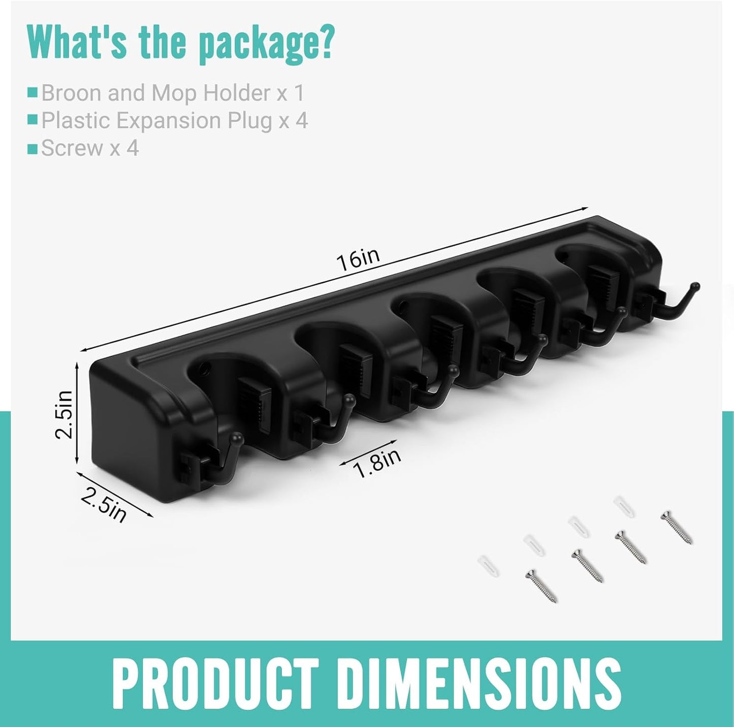 InPoTo Wall Mount Broom Holder 5 Slots 6 Hooks Mop Organizer Rack | Heavy Duty Construction -35 LBS Capacity, 5 Spring-loaded Ball Slots With Anti-Skid Rubber,Easy Installation ,Space Saving