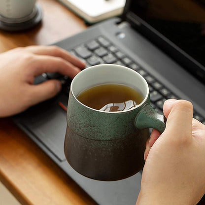 Tea Cup with Infuser and Lid, Rural style Wood Handle Ceramic Mugs Green | Tea Mug Cups with Infuser, Capacity about 320ml / 10.82 OZ, Suitable for Tea, Flower Buds, Coffee, Water, it is LEAD-FREE