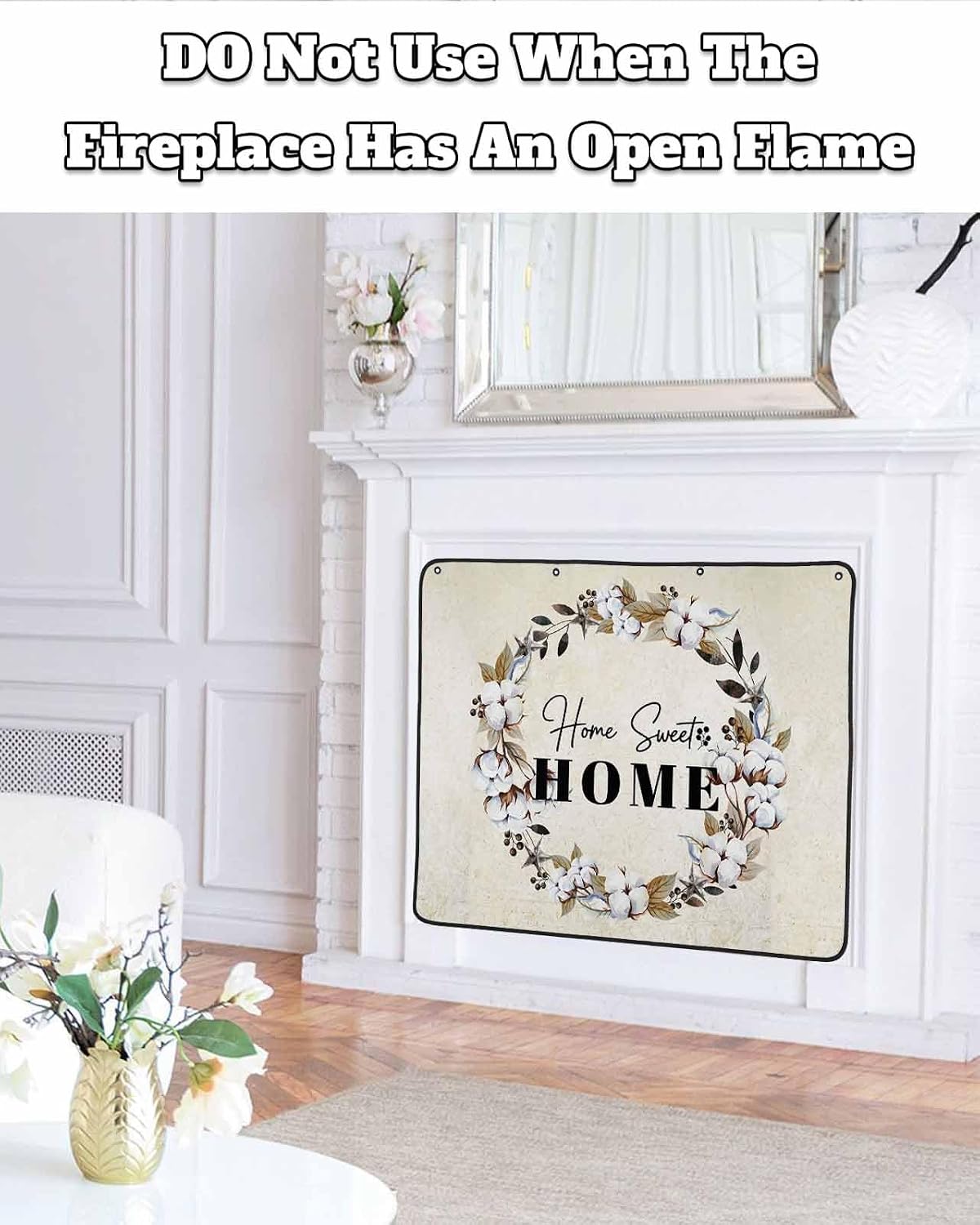 Farmhouse Wreath Magnetic Fireplace Cover,Fireplace Draft Blocker,Sweet Home Rustic Plants Texture Grey Wood Fireplaces Blanket for Heat Loss/Cold Air,Fireplaces Draft Stopper Cover for Inside 36"x30"