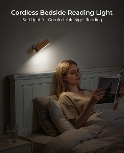 Rechargeable Wall Sconce, Reading Light for Bed, Magnetic Wood Lamp | Set of 2, Black Walnut, Touch Control, Adjustable Brightness, 4000K Nautral Light for Reading, Headboard Light, 360° Rotation