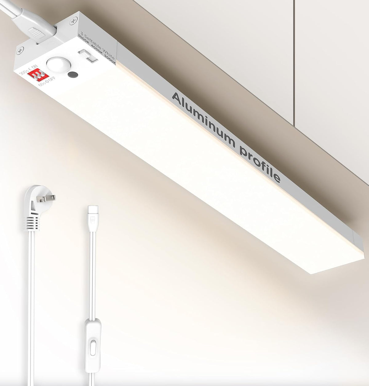 Under Cabinet Lighting Plug in, AC120V 3CCT 3000/4000/5000K Motion Sensor Light Indoor with Timer, Super Bright Linkable LED Counter Light for Kitchen, Closet, White 12 Inch, 1Pack