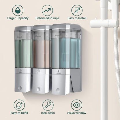Shampoo and Conditioner Dispenser 3 Chamber No Drill Shower Soap Dispenser Wall Mounted Shampoo Conditioner Body Wash Dispenser 3 * 500ml Refillable Shower Dispenser for Bathroom Hotel, Silver