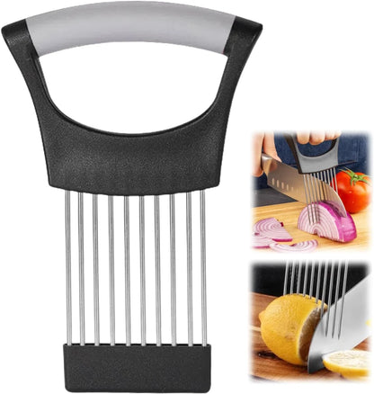 Onion Slice Holder, 2024 New Stainless Steel Holder for Slicing, Chopper Assistant Tool, Cutter for Meat, Onion, Potato, Tomato Kitchen Gadgets (Black, 2 Pack)