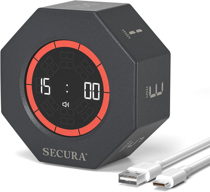 Secura Pomodoro Timer for ADHD & Productivity, Flip Cube Timer with 7 Presets (1/3/5/10/15/30/60 Min), Visual Countdown Progress Bar for Work, Study, Kids & Desk (White)