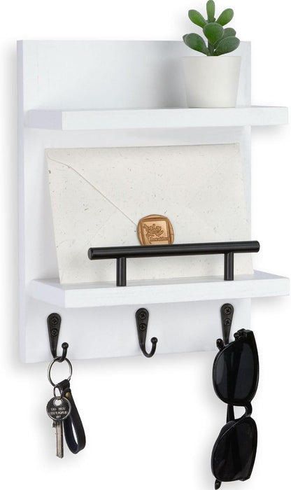 Key Holder Wall Mount, Mail Shelf Decor with 3 Key Hooks, Versatile Wood Wall Organizer for Entryway Hallway (8.2” x 10.6”x 3.6”) (White) | Farmhouse Key Hanger Holds Dog Leash, Sunglasses – Decorative Mail Organizer Home Decor