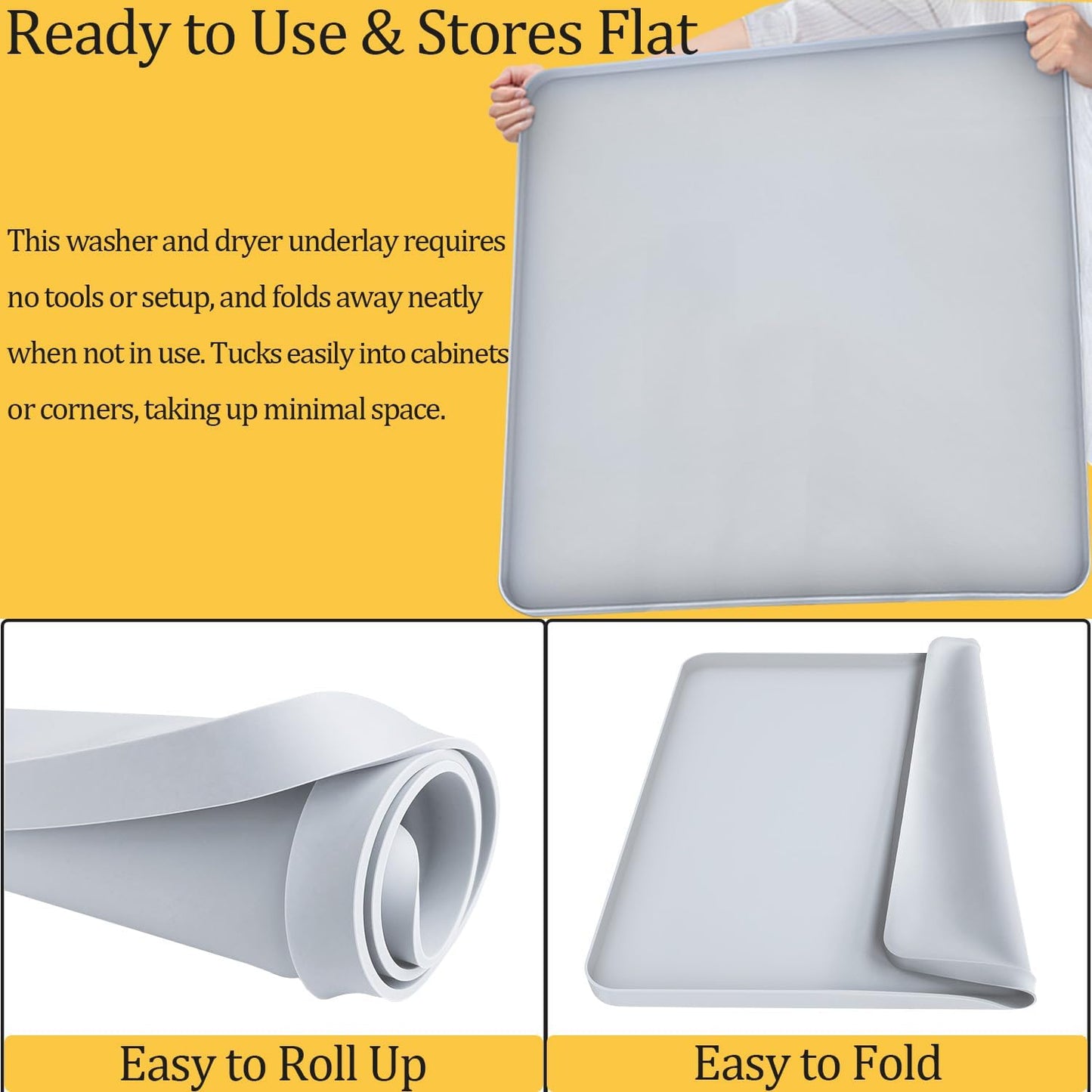 Washing Machine Drain Pan, 26x26 Inch Silicone Mat with Raised Edge, Waterproof Leak Protector Tray for Under Washer and Dryer, Anti-Slip and Foldable Laundry Room Mat