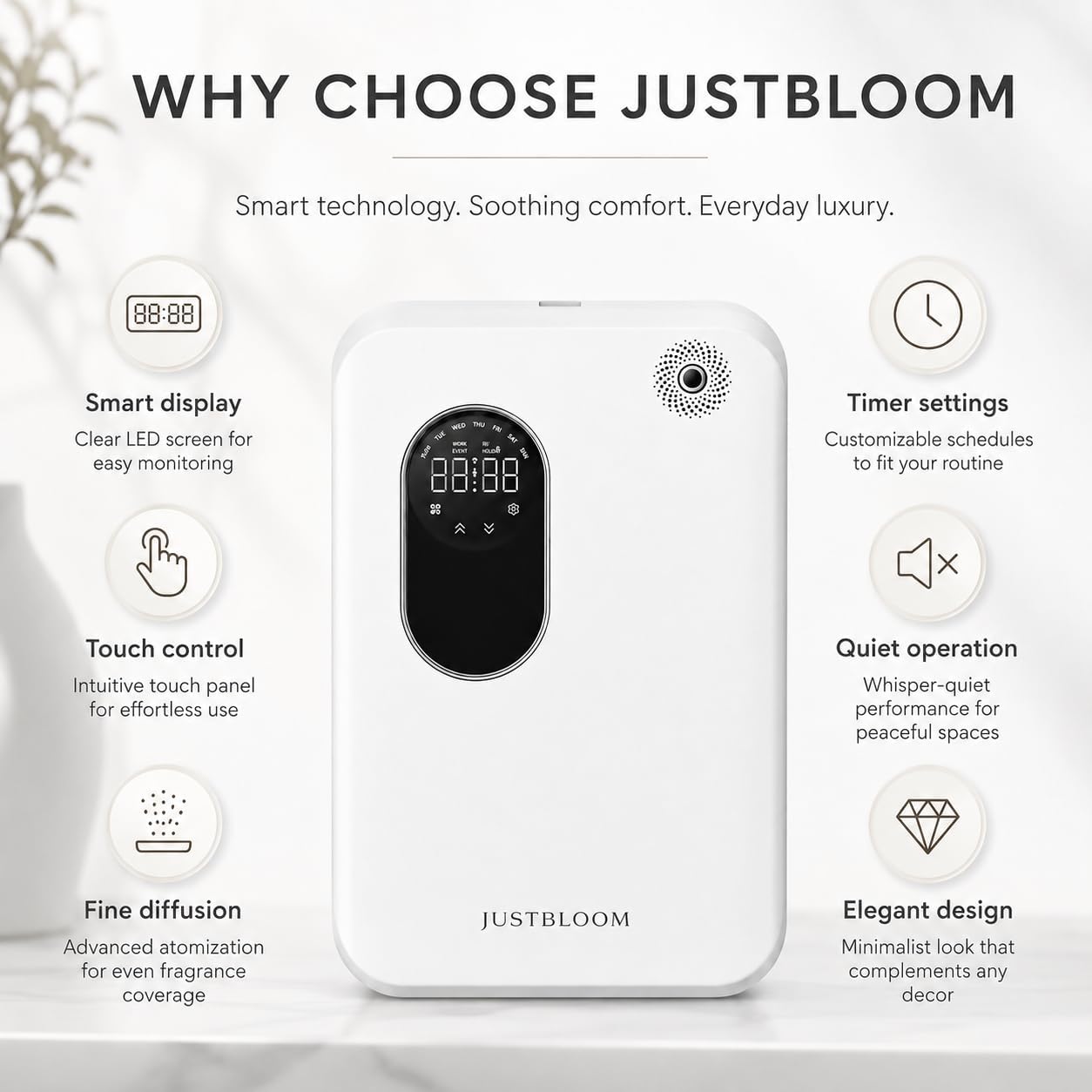 JUSTBLOOM Hotel Essential Oil Diffuser, Waterless Fragrance Diffuser | Up to 4000 Sq Ft: Smart App Control, Cold Air Diffusion, ,360° Ambient Light, Auto Shut-Off, Premium Aluminum Design