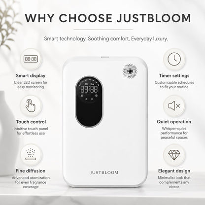 JUSTBLOOM Hotel Essential Oil Diffuser, Waterless Fragrance Diffuser | Up to 4000 Sq Ft: Smart App Control, Cold Air Diffusion, ,360° Ambient Light, Auto Shut-Off, Premium Aluminum Design