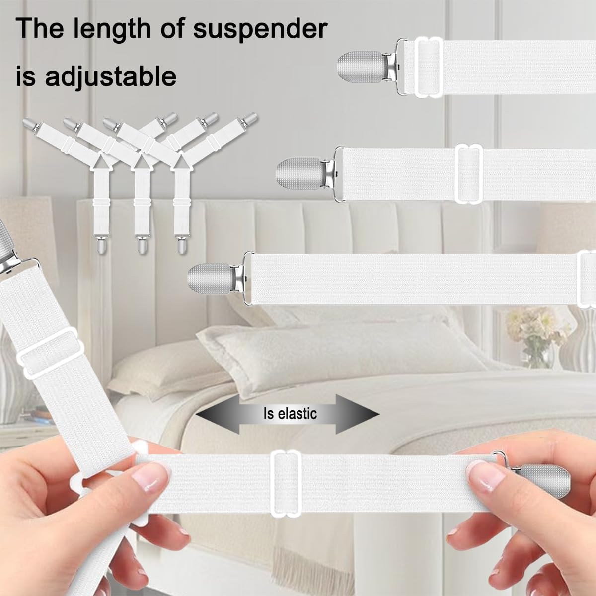 Bed Sheet Holder Straps, Heavy Duty Adjustable Elastic Sheet Clips, Fitted Sheet Holders for Corners Keep Sheets in Place, Easy Install Mattress Firm Tight Accessories 4 Pack White