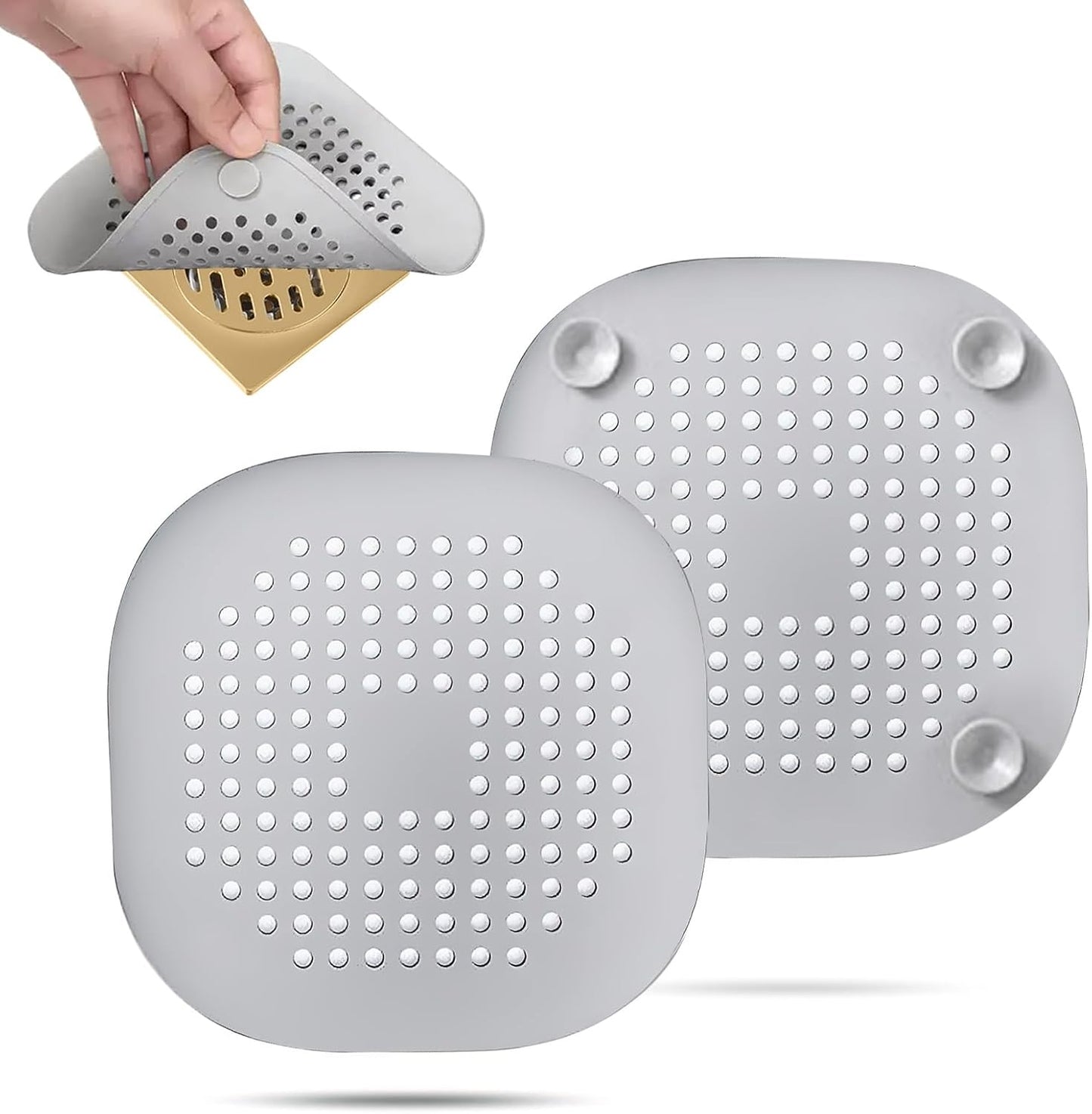 2 Pack Hair Drain Catcher,Square Drain Cover for Shower Silicone Hair Stopper with Suction Cup,Easy to Install Suit for Bathroom,Bathtub,Kitchen (Sliver Grey)