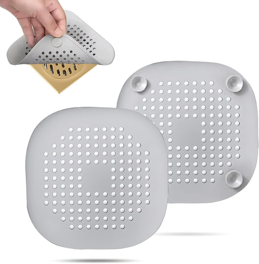 2 Pack Hair Drain Catcher,Square Drain Cover for Shower Silicone Hair Stopper with Suction Cup,Easy to Install Suit for Bathroom,Bathtub,Kitchen (Sliver Grey)