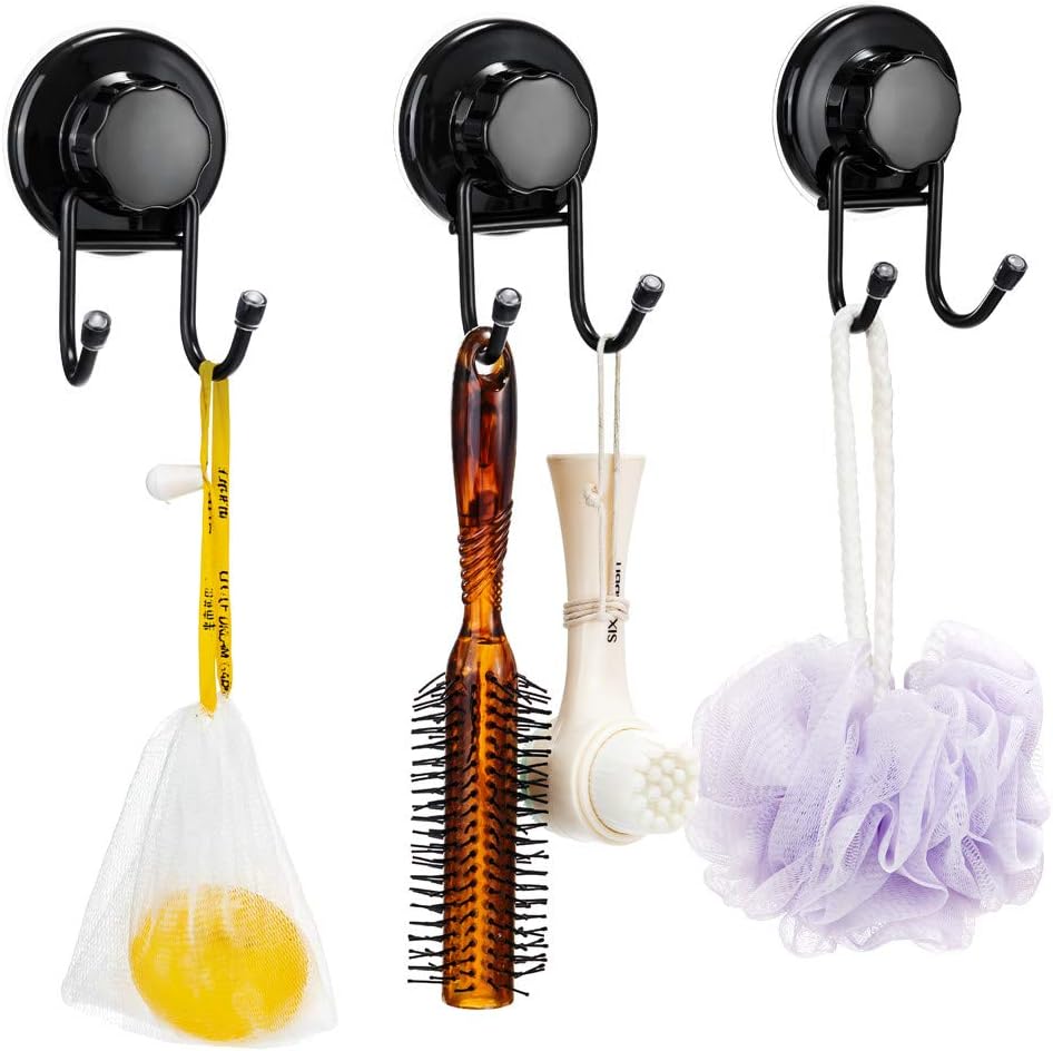 SANNO Suction Cup Hooks, Shower Squeegee Holder, Towel Robe Loofah Holder, Bathroom Kitchen Shower Wall Hooks, Bathroom Accessories, Black (2 Pack)