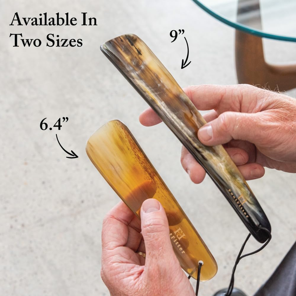 FootFitter Natural Bull Horn Shoe Horn with Leather Loop Handle | Solid Horn Structure with Leather Loop for Firm Heel Support, Quick Slip‑On Access, Everyday Reliability, Ethically Crafted