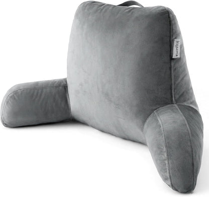 Reading Pillow with Adjustable Memory Foam,Adult Backrest with Arms, Back Pillow for Sitting in Bed with Washable Cover- Large, Gray