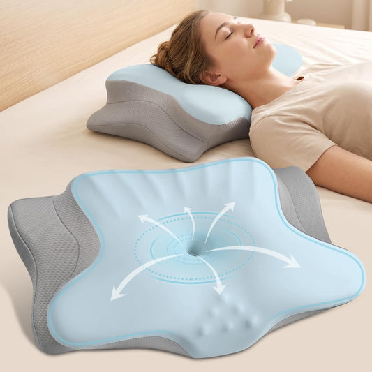Ylekto Cervical Neck Pillow for Pain Relief - Contour Memory Foam Pillows | Ergonomic Pillow for Sleeping, Side Sleeper Pillow for Neck Support, Bed Pillow for Side Back Stomach Sleepers (Blue & Grey)