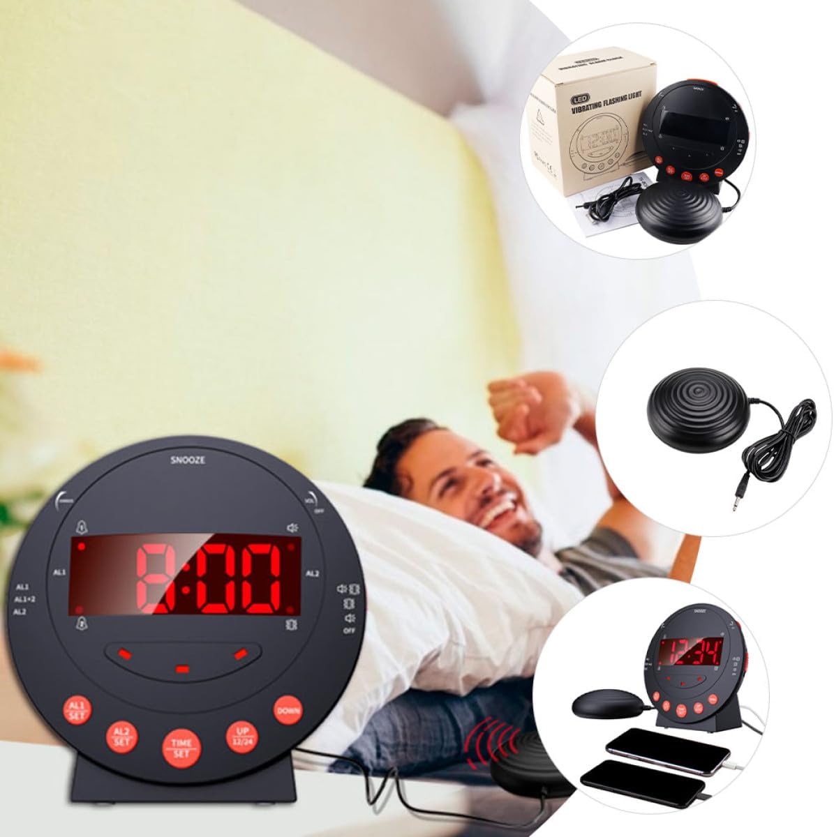Strong Vibrating Alarm Clock with Bed Shaker, Adjustable Volume, Black