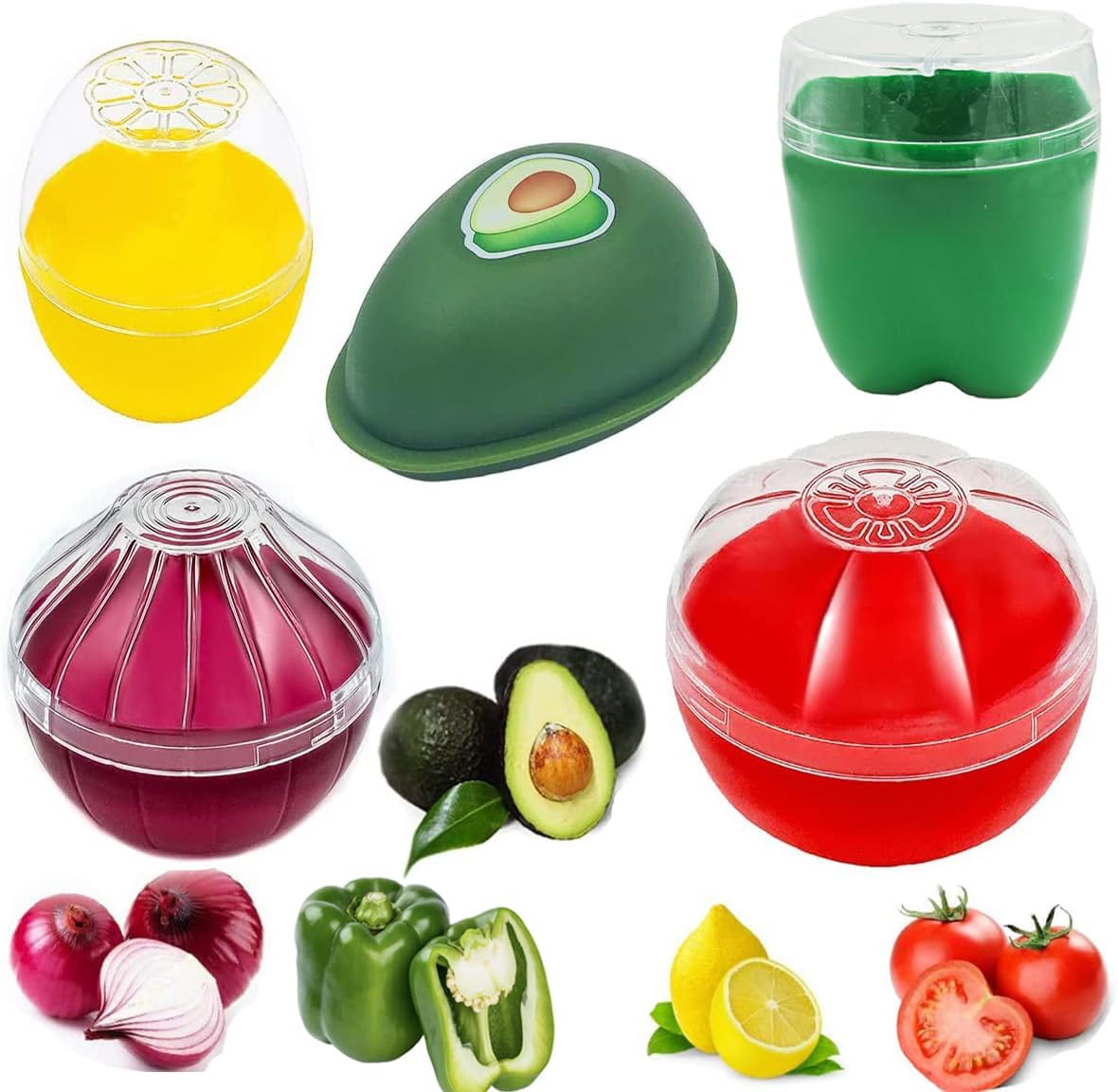 5 Pieces Fruit and Vegetable Shaped Savers Keepers Storage Containers for Fridge, Avocado Green Pepper Tomato Lemon and Onion Keeper/Saver/Holder, Refrigerator Vegetable Crisper