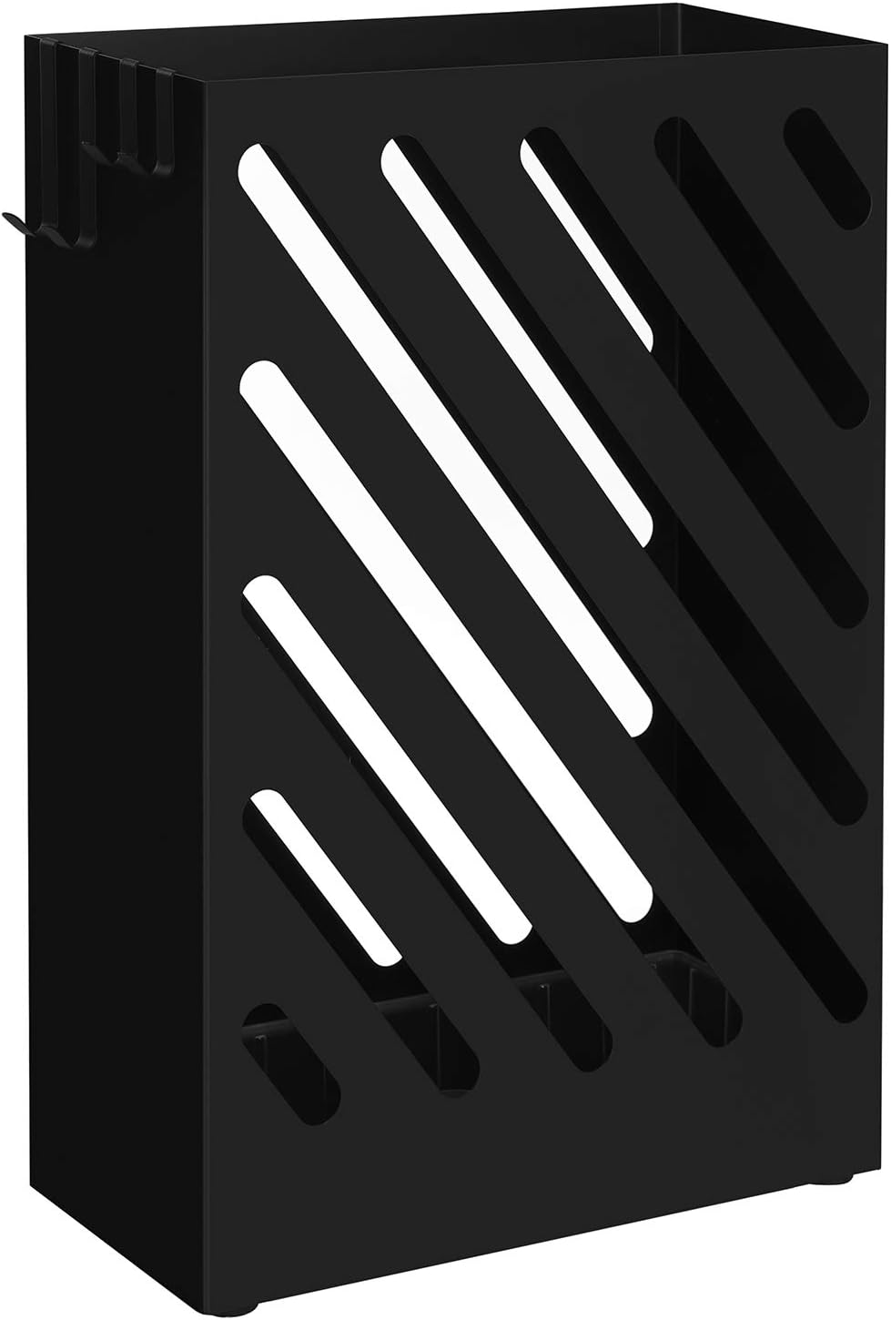 SONGMICS Metal Umbrella Stand, Rectangular, Removable Drip Tray, 4 Hooks | Umbrella Holder Rack, Cutout Design, for Entryway, Office, Matte Black, PATSY Collection ULUC03BK