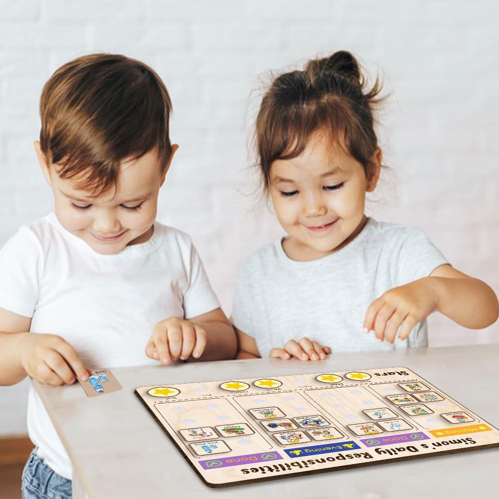 Daily Routine Chart for Kids, Visual Schedule, Routine Chart for Toddlers 3-5, Morning Bedtime Routine Chart for Toddlers, Wooden Chore Chart for Kids