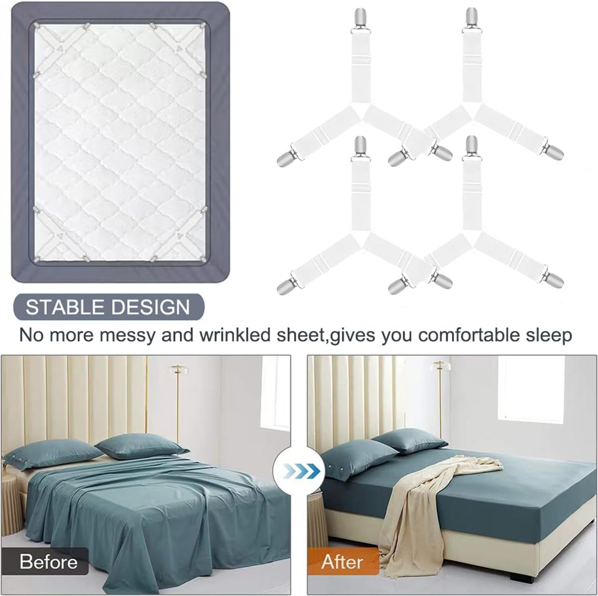 Bed Sheet Holder Straps, Heavy Duty Adjustable Elastic Sheet Clips, Fitted Sheet Holders for Corners Keep Sheets in Place, Easy Install Mattress Firm Tight Accessories 4 Pack White