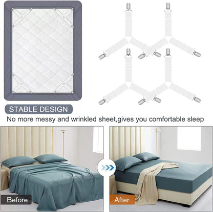 Bed Sheet Holder Straps, Heavy Duty Adjustable Elastic Sheet Clips, Fitted Sheet Holders for Corners Keep Sheets in Place, Easy Install Mattress Firm Tight Accessories 4 Pack White