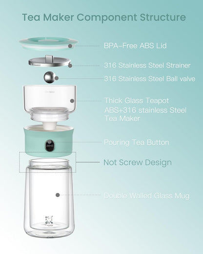 ZENS Glass Infuser Teapot, One Touch Tea Maker for Loose Leaf Tea, Walnut