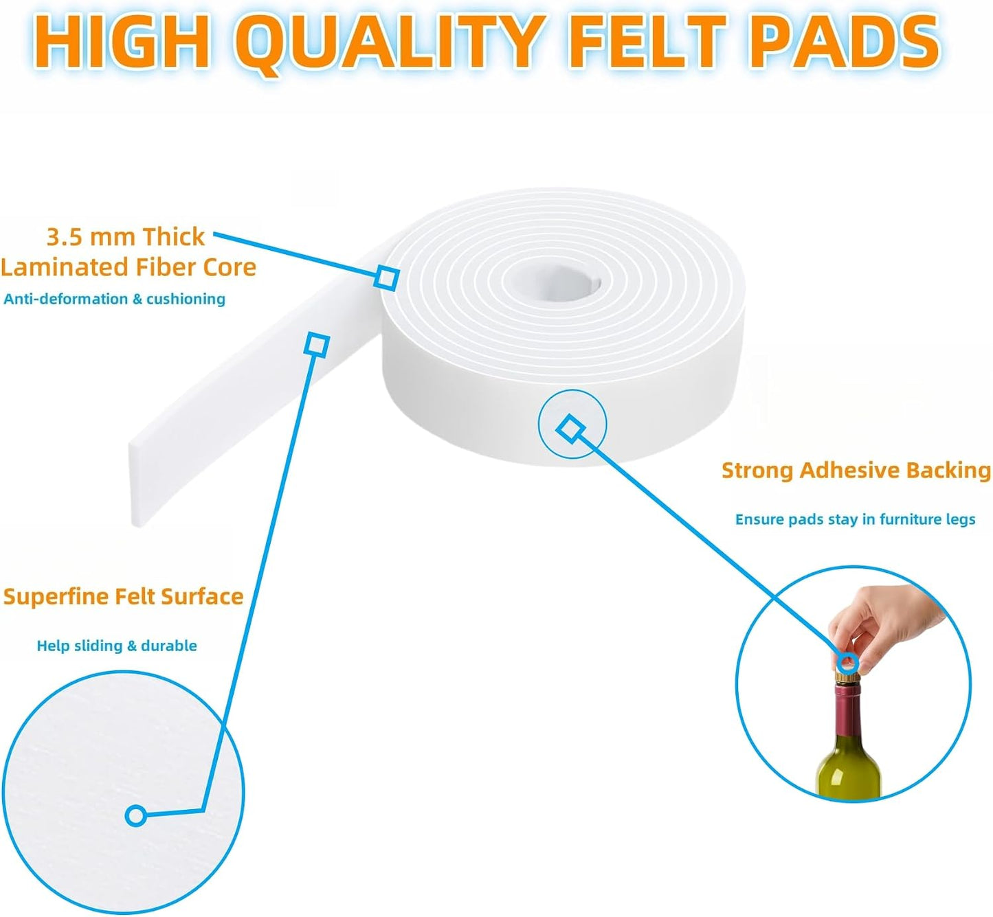 Felt Strips with Adhesive Backing Heavy Duty Cuttable Felt Tape Roll Furniture Pads for Chair Legs - Protecting Hardwood Floors, Chair Wall Protector (Black, 80 x 0.5 x 0.14 Inch)