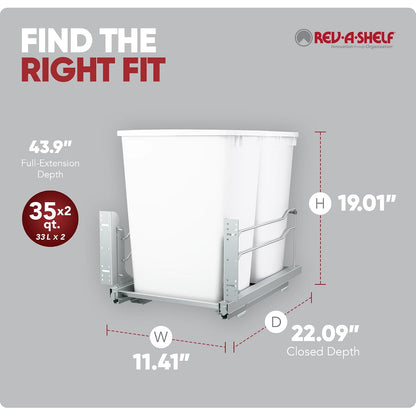 Rev-A-Shelf Double Pullout Trash Can w/Soft-Close Slides, 14.5" Min Opening | Large Capacity Garbage/ Recycling Waste Bins for Under Kitchen Cabinets, Heavy Gauge Wire Construction, 53WC-1835SCDM-211