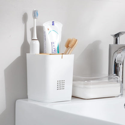 Electric Toothbrush Holder Tooth Brush and Toothpaste Organizer, Black | 3 Slots, Drainage Holes, Removable Bamboo Divider, Ventilation Design, Space-Saving, for Bathroom Countertop, Shower, Vanity