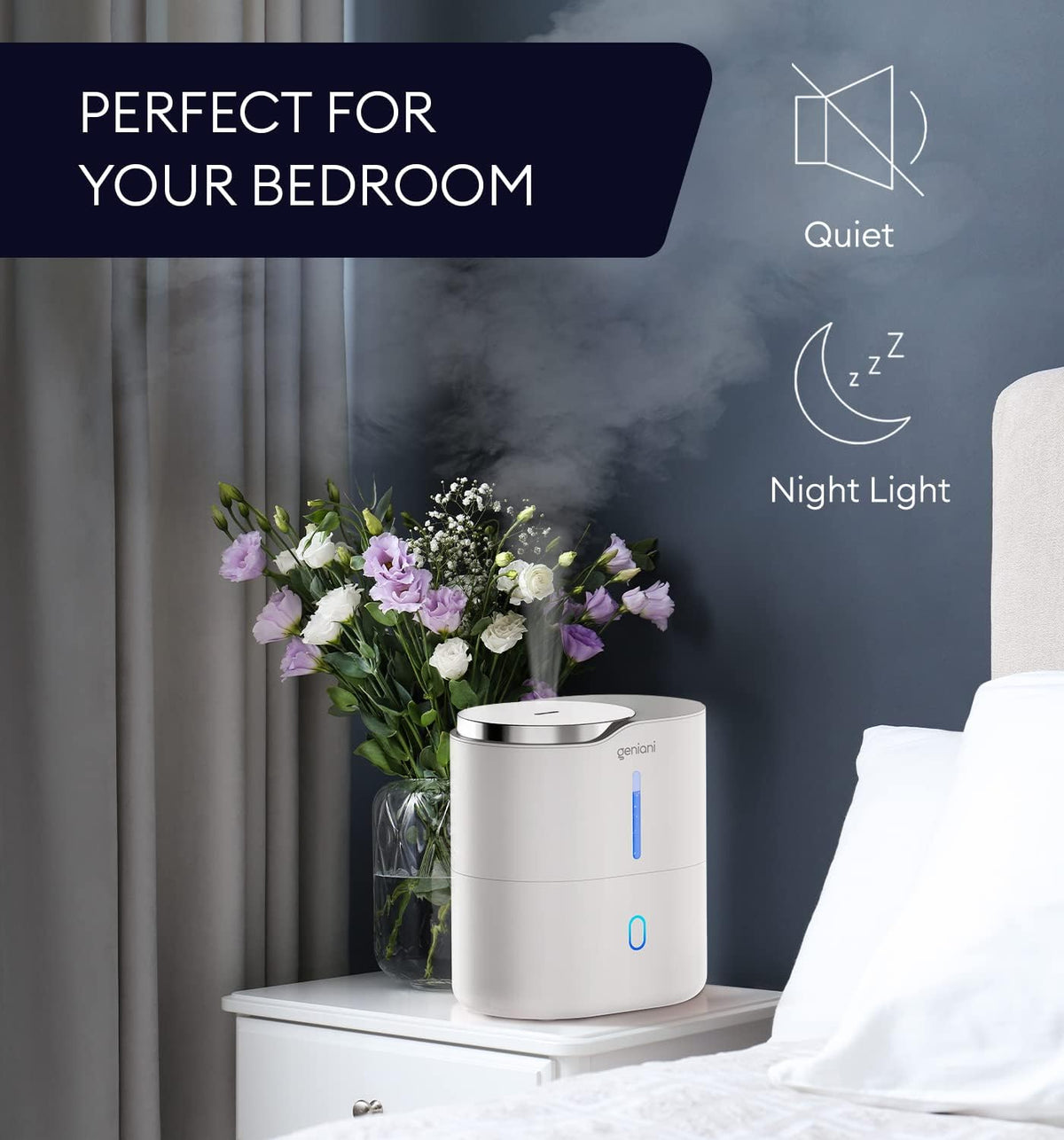 GENIANI Cool Mist Air Humidifiers for Bedroom, Plants, and Large Rooms - Quiet Humidifiers for Baby Room with Auto Shut Off & Night Light (3.9L, White)
