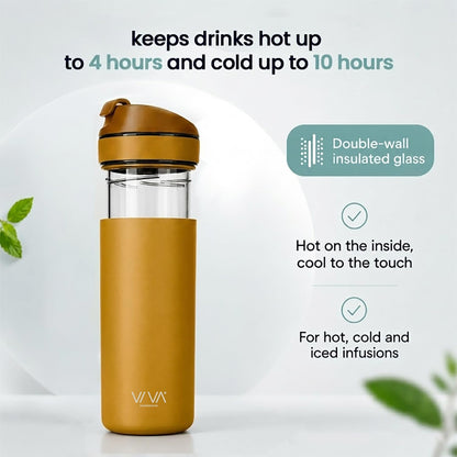 VIVA Recharge Tea Infuser Bottle, 16 oz Insulated Stainless Steel Travel Tea Tumbler with Infuser for Loose Leaf, Hot & Cold Tea & Coffee, Patented Steep Control, Leak-Resistant Lid - Mustard
