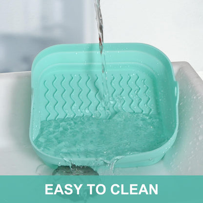 7.7 Inch Silicone Air Fryer Liners Square 2 Pack, Reusable Collapsible Dishwasher Safe Stackable Basket for Air Fryers (One Gray and One Green)