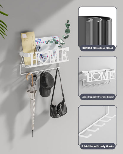 Key Holder for Wall - Key Rack with 5 Key Hooks, 11.02" L×2.75" W×4.92" H, Key and Mail Organizer Wall Mount with Mesh Basket, Key Hanger for Wall, Entryway, Home Decor(Matte Black)