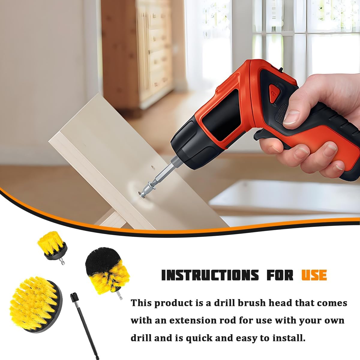 4PCS Drill Brush Attachment Kit with Extension Rod, Red | PP bristles with steel shafts, three brush sizes, quick-change extension rod, follows curved surfaces, compact storage